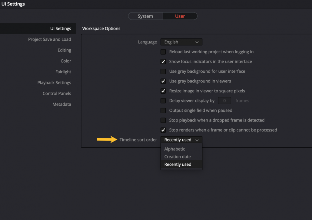 Sortowanie timeline w daVinci Resolve 17